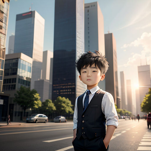 a young boy in a suit and tie standing on a street in front of tall buildings with a sky background