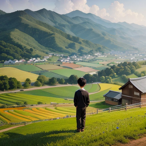 a man standing on a hill looking at a valley and a farm with a house in the distance and a mountain in the background