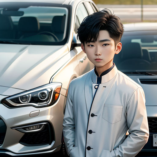 a man standing next to a car in front of a white car and another silver car in the background