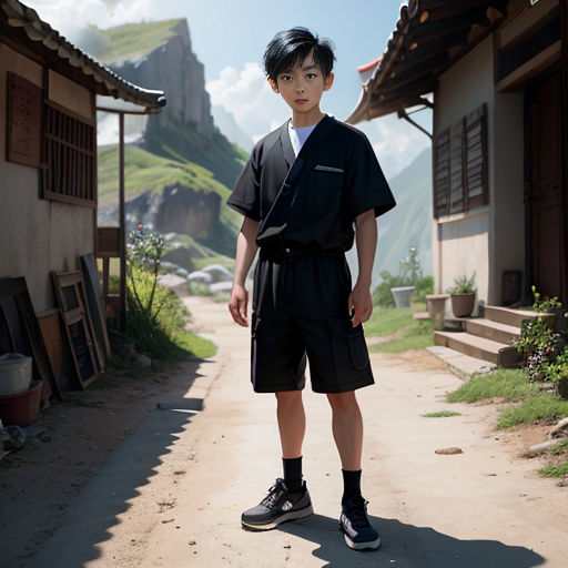 a young man standing on a dirt road in front of a house with mountains in the background and a mountain range in the distance