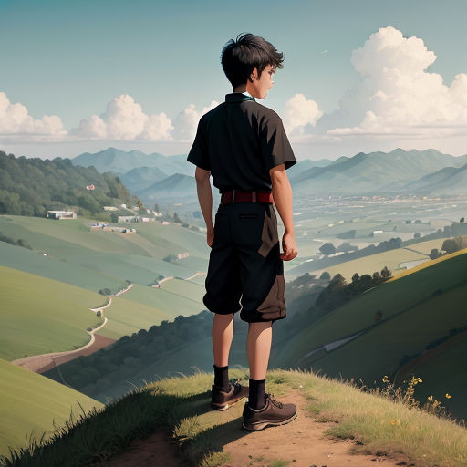 a boy standing on a hill looking at the valley below him and a view of the hills below him