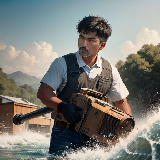 a man holding a radio in a body of water with a boat in the background and a house in the background
