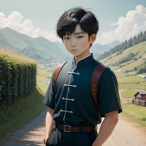 a man in a uniform standing on a dirt road in front of a green field and mountains with a house