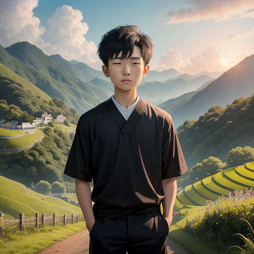 a boy standing on a dirt road in front of a mountain landscape with a sun setting behind him and a green valley in the distance