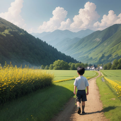 a boy walking down a dirt road in the mountains with a field of yellow flowers in the foreground