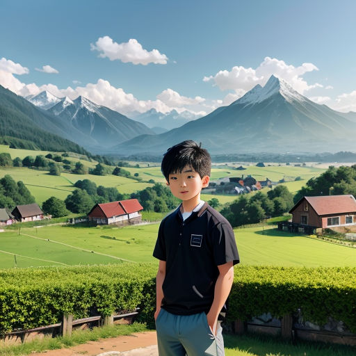 a boy standing on a hill with a view of a valley and mountains in the background with a house in the foreground