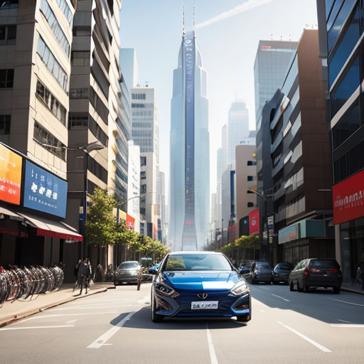 a car driving down a street in a city with tall buildings in the background and a bicyclist on the sidewalk
