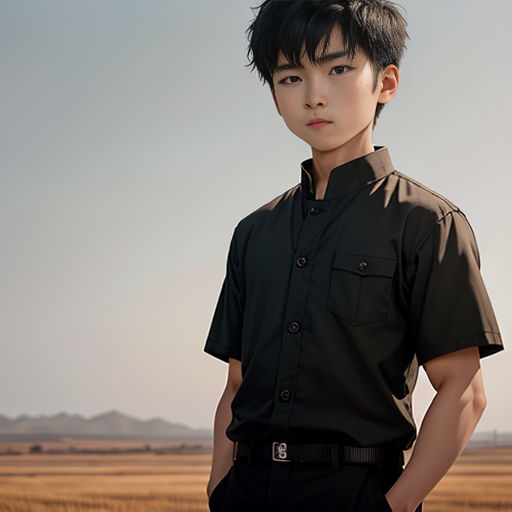 a man standing in a field with his hands on his hips and his hands on his hips, wearing a black shirt and black pants