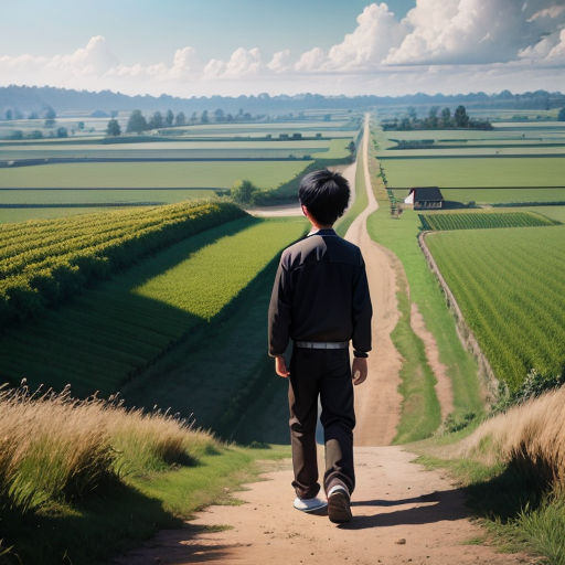 a man walking down a dirt road towards a field of crops and a farm house in the distance with a blue sky
