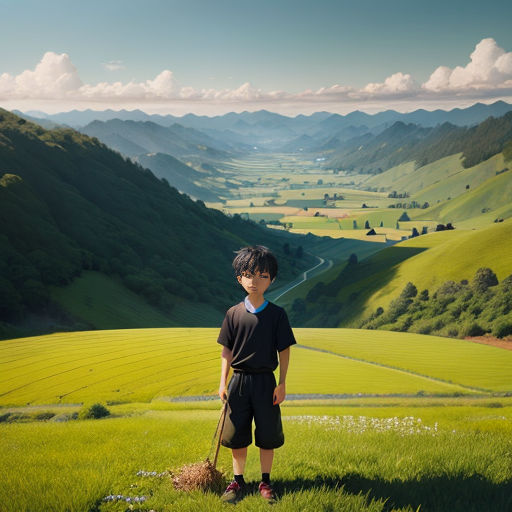 a boy standing in a field with a shovel and a bag of dirt in his hand and a mountain valley in the background