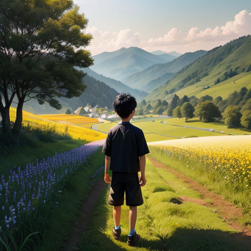 a boy standing on a dirt road looking at a field of flowers and mountains in the distance with a blue sky