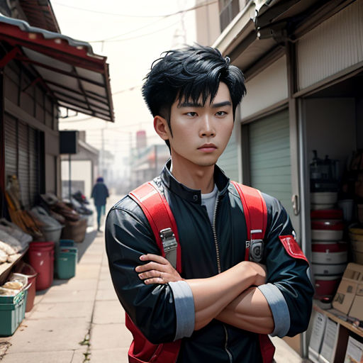 a man standing in front of a store with his arms crossed and his arms crossed out in front of him