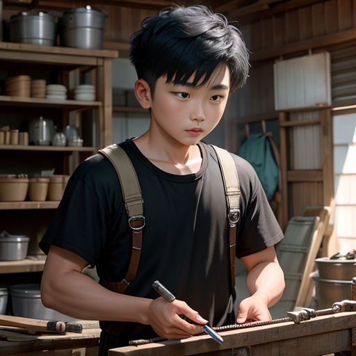 a young man is working on a piece of wood in a workshop with a hammer and a pair of scissors