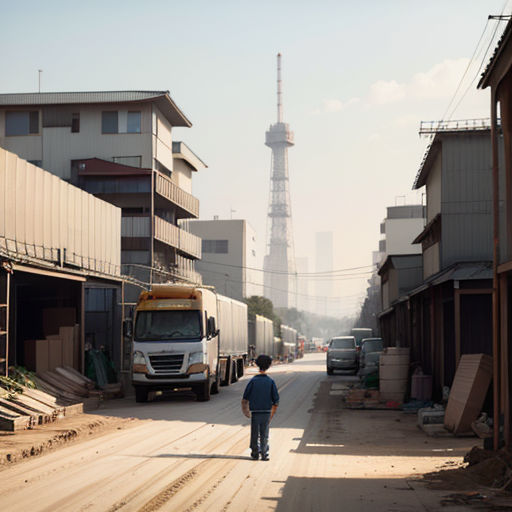 a man standing on a street next to a truck and buildings with a radio tower in the background in the distance
