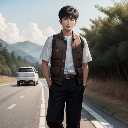 a man standing on the side of a road next to a car and a van on the side of the road