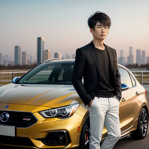 a man standing next to a gold car in a parking lot with a city in the background at sunset