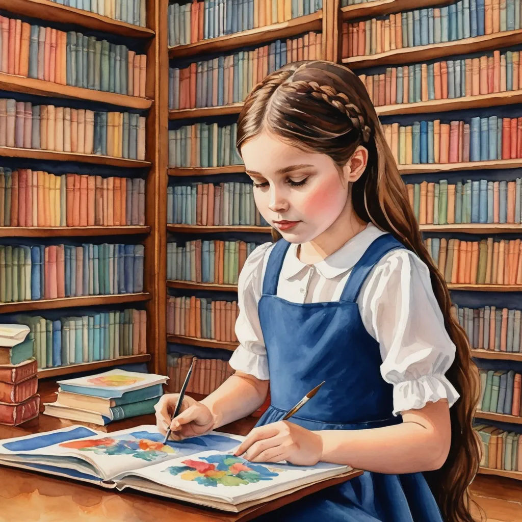 a painting of a girl in a library writing on a book with a pencil and a bookmark in her hand, figurative art, a storybook illustration, Bob Byerley, extremely detailed oil painting