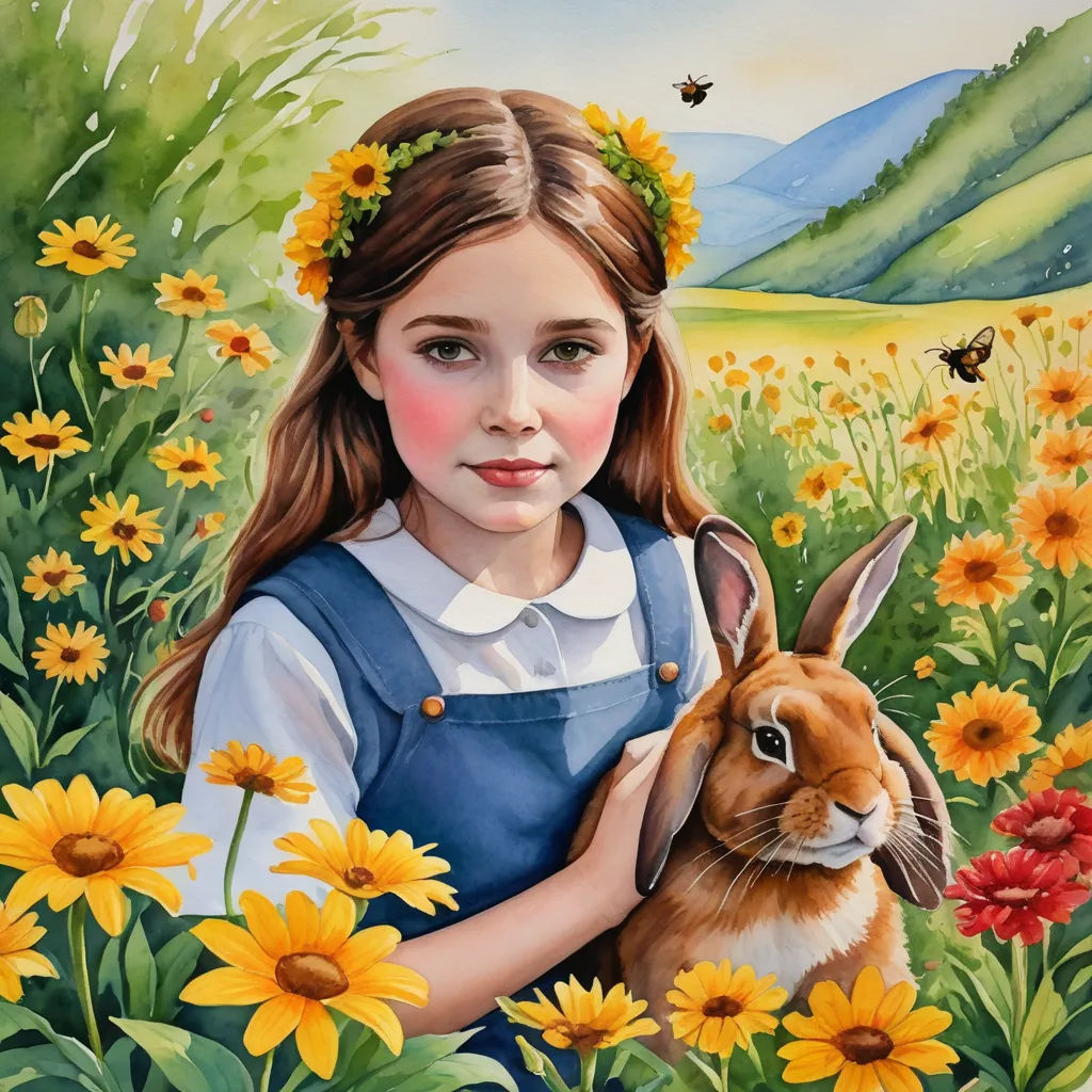 a painting of a girl holding a rabbit in a field of flowers and sunflowers with a mountain in the background, magic realism, an oil on canvas painting, Bob Byerley, trending on art station