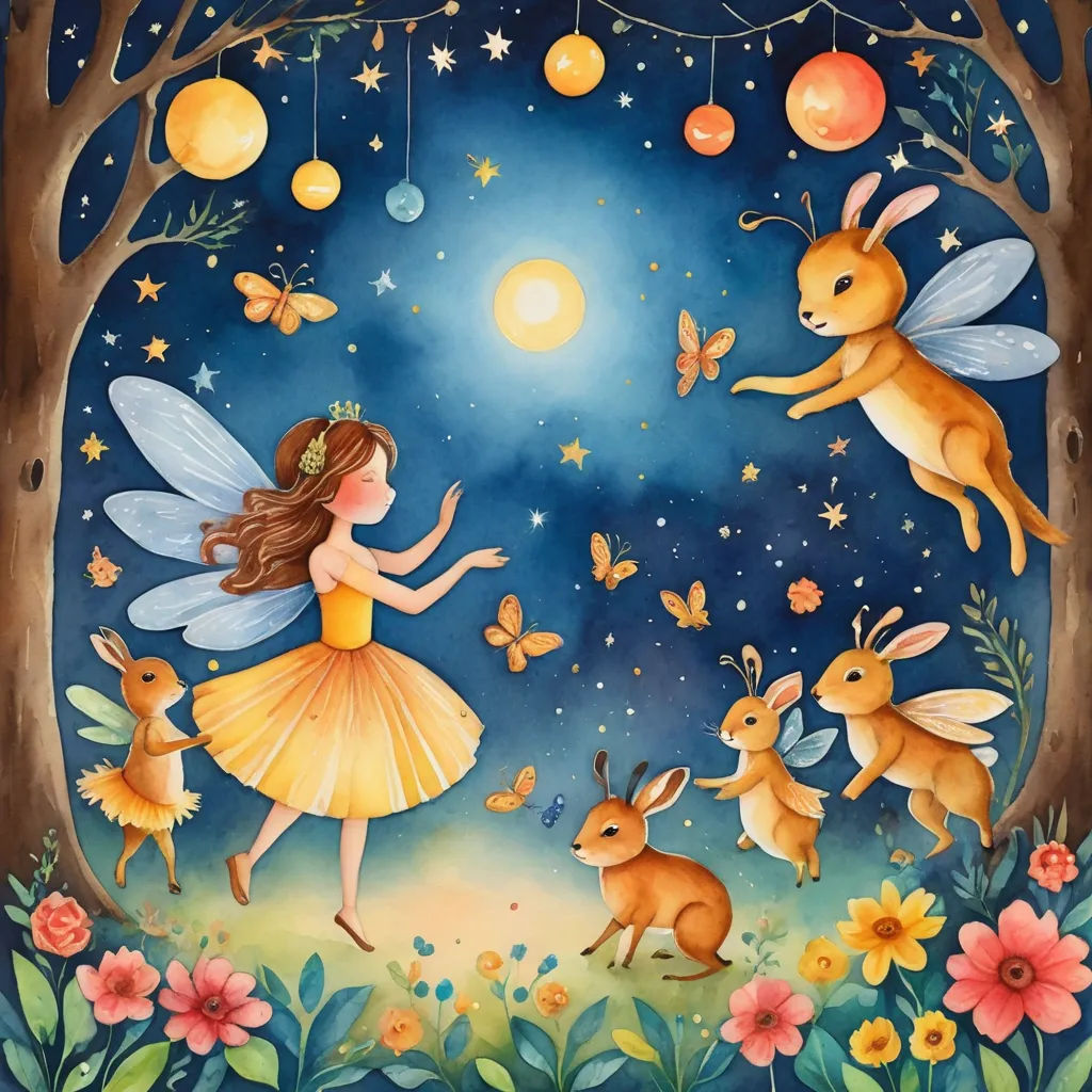 a painting of a girl and two deers in a forest with a moon and stars above her and a deer and a deer, fantasy art, a storybook illustration, Daphne McClure, storybook illustration