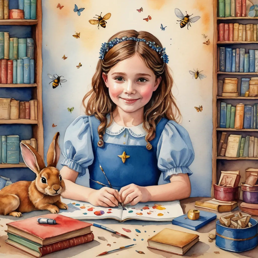a painting of a girl reading a book with a rabbit sitting next to her on a table with books, fantasy art, a storybook illustration, Bob Byerley, storybook illustration