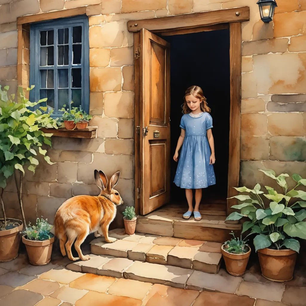 a painting of a little girl standing in a doorway with a dog looking at her from the outside of the door, magic realism, a storybook illustration, Beatrix Potter, storybook illustration