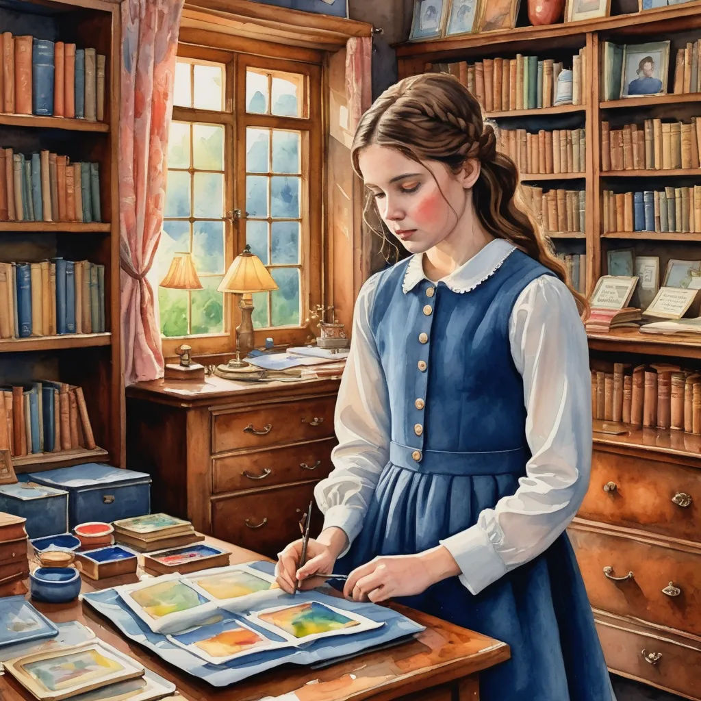 a painting of a girl in a library painting a picture of a girl in a library with a book, arts and crafts movement, a storybook illustration, Arthur Hughes, detailed painting