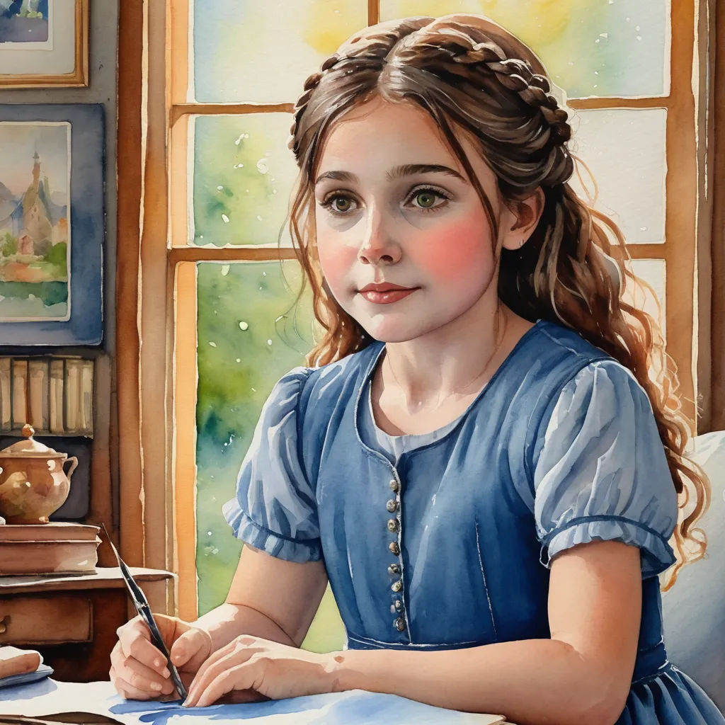 a painting of a girl writing in a book with a window behind her and a teapot on the table, figurative art, a storybook illustration, Bob Byerley, storybook illustration
