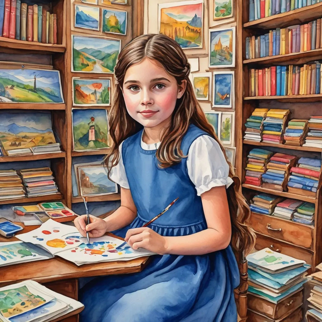 a painting of a girl sitting at a desk with a book and paintbrush in her hand and a bookcase full of books behind her, naive art, a detailed painting, Bob Byerley, detailed painting