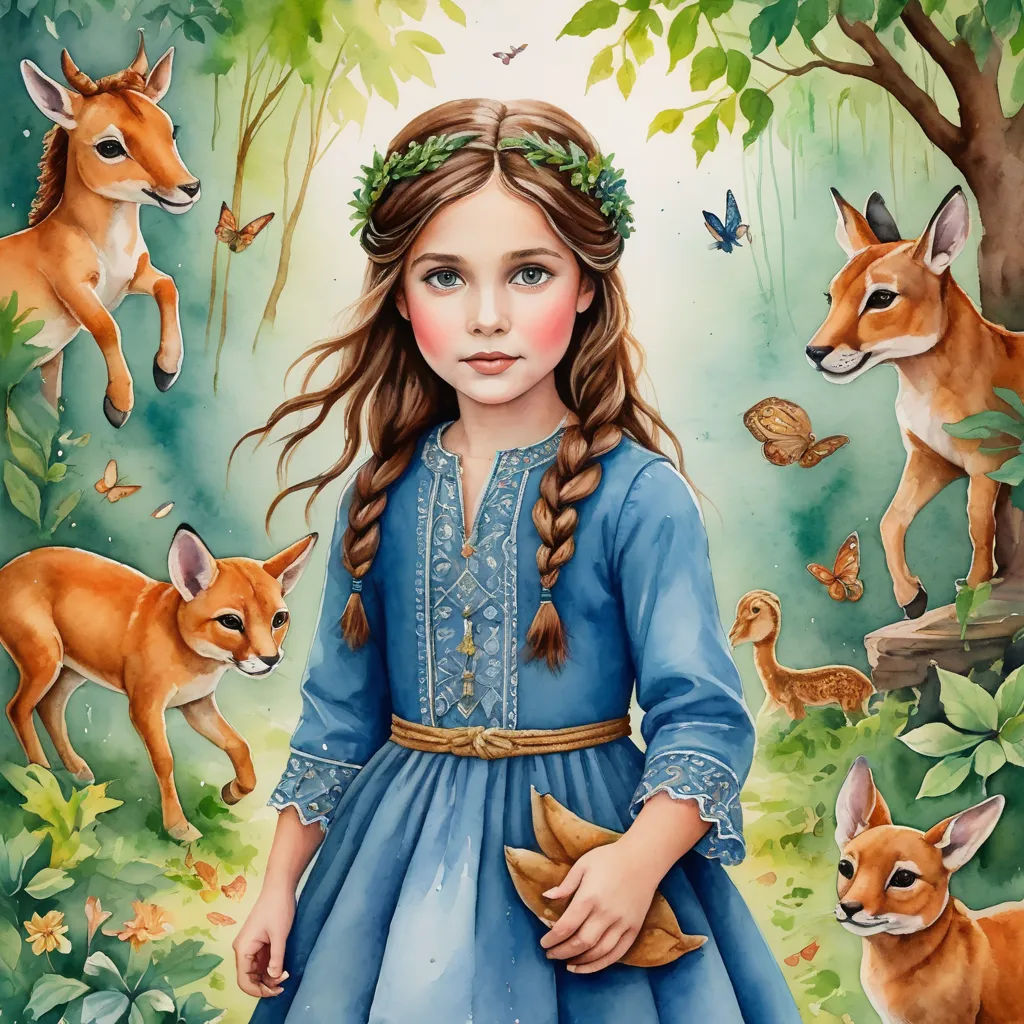 a painting of a girl in a blue dress surrounded by deers and butterflies, with a forest scene in the background, magical realism, a storybook illustration, Elinor Proby Adams, storybook illustration