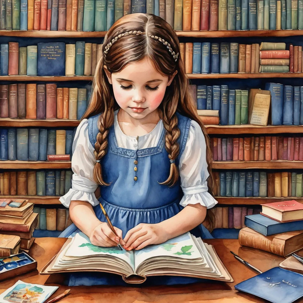 a painting of a girl sitting at a table with a book and a pen in her hand and a bookcase full of books behind her, fantasy art, a storybook illustration, Bob Byerley, storybook illustration