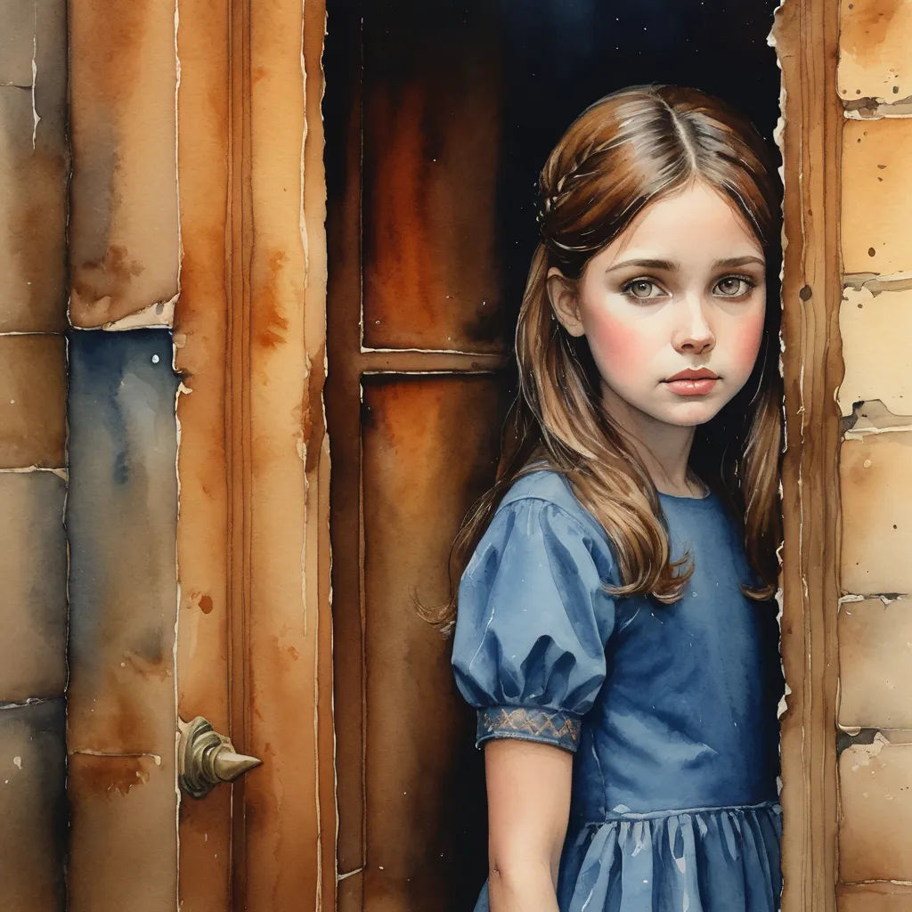 a painting of a girl in a blue dress looking out a window with a brick wall behind her and a door handle, figurative art, a photorealistic painting, Barron Storey, in gouache detailed paintings