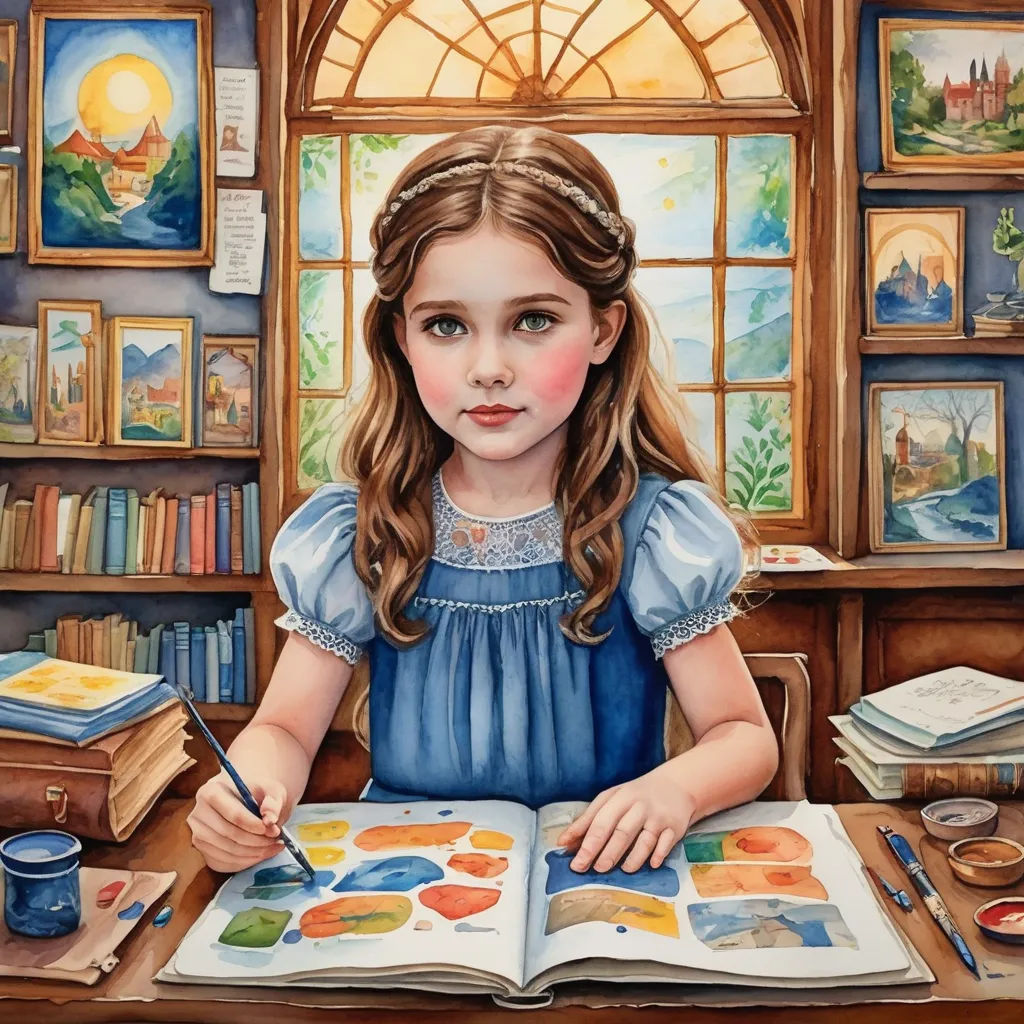 a painting of a girl sitting at a desk with a book and a pen in her hand and a window behind her, naive art, a detailed painting, Bob Byerley, detailed painting