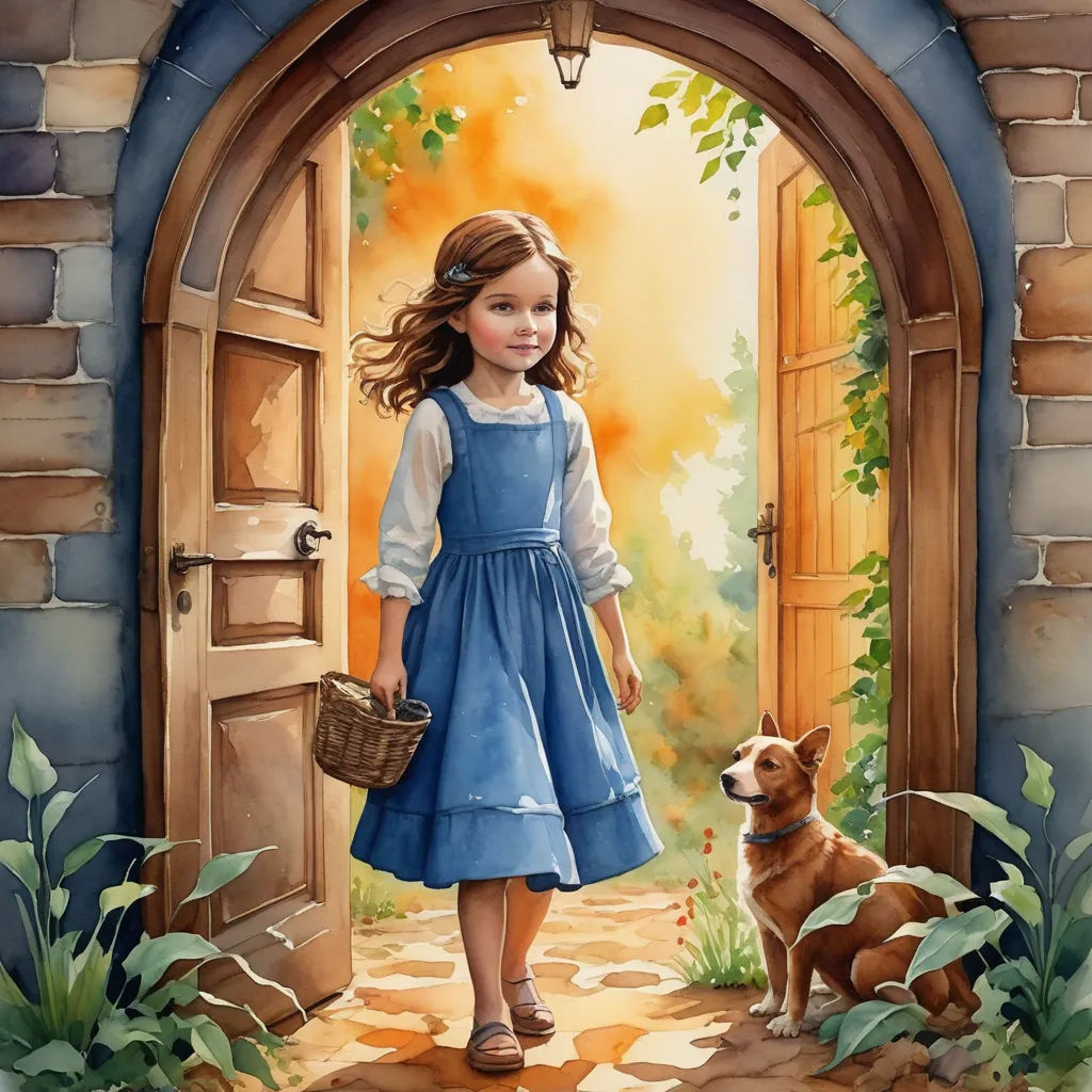 a painting of a girl and a dog in front of a doorway with a dog sitting in front of it, fantasy art, a storybook illustration, Bob Byerley, storybook illustration
