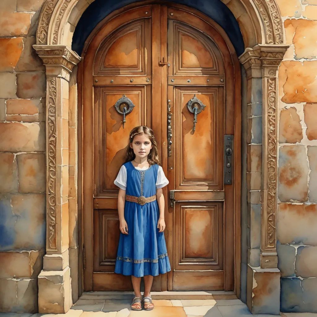 a little girl standing in front of a wooden door with a brick wall and arched doorways, with a blue dress on, photorealism, a photorealistic painting, Brad Kunkle, highly detailed digital painting