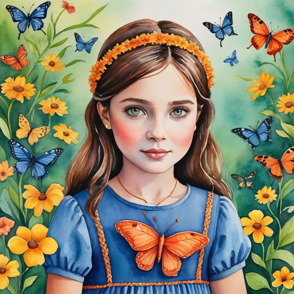 a painting of a girl with a butterfly on her head and a blue dress with yellow flowers in front of her, figurative art, a detailed painting, Carol Sutton, detailed painting