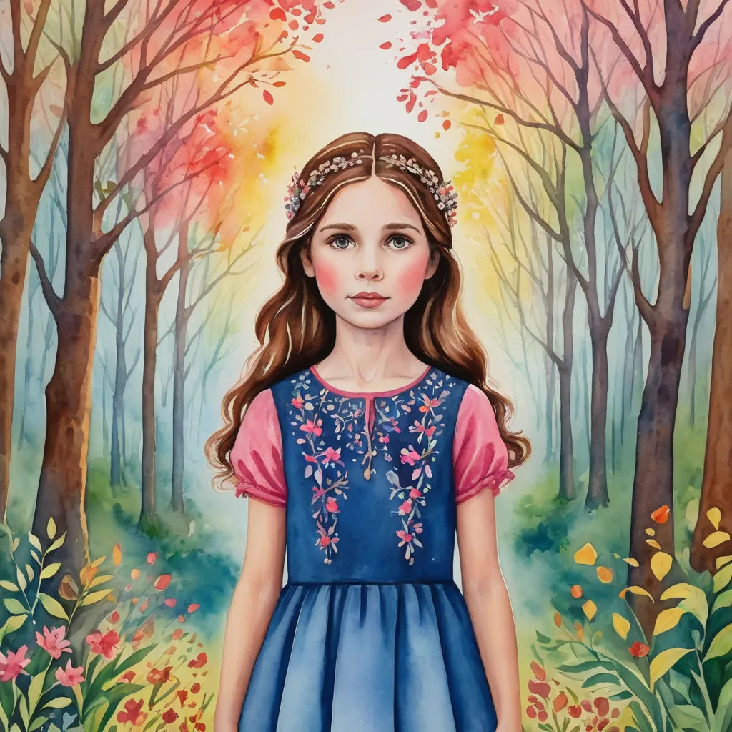 a painting of a girl in a blue dress in a forest with trees and flowers on the ground and a sun shining through the trees, magical realism, a storybook illustration, Elinor Proby Adams, in gouache detailed paintings