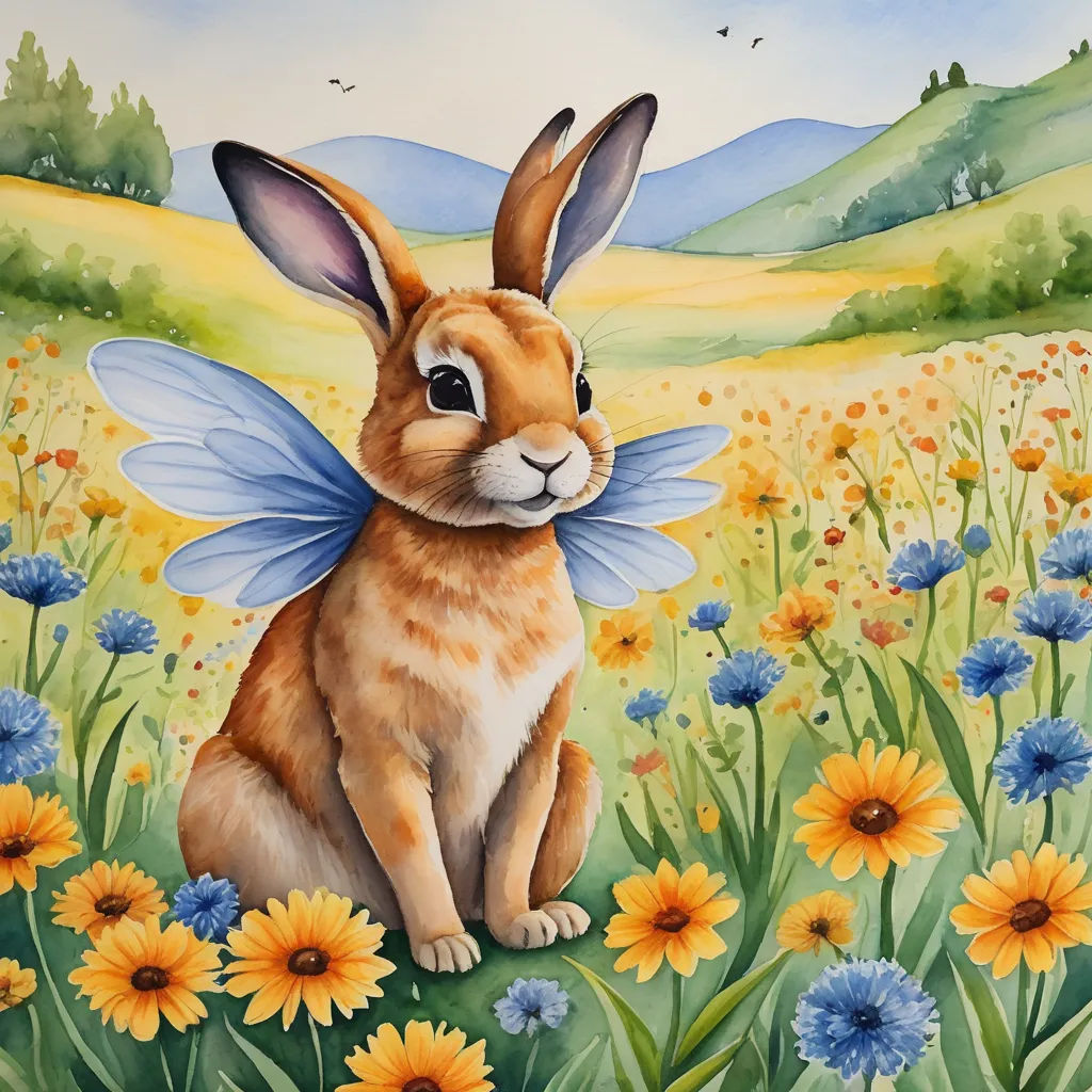 a painting of a rabbit sitting in a field of flowers with a blue butterfly on its back, with a mountain in the background, magic realism, a storybook illustration, Cindy Wright, storybook illustration