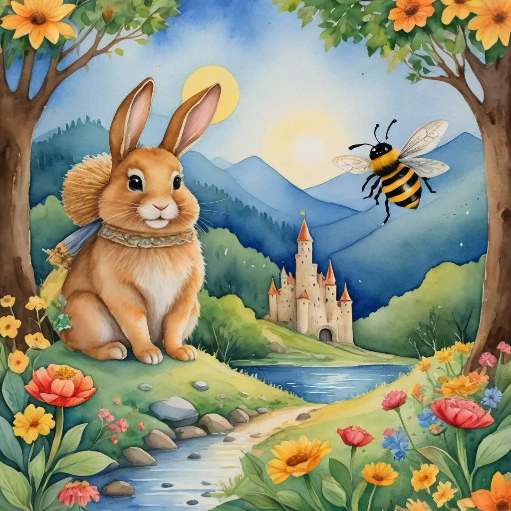a painting of a rabbit and a bee in a forest with flowers and a castle in the background with a stream, naive art, a storybook illustration, Beatrix Potter, storybook illustration