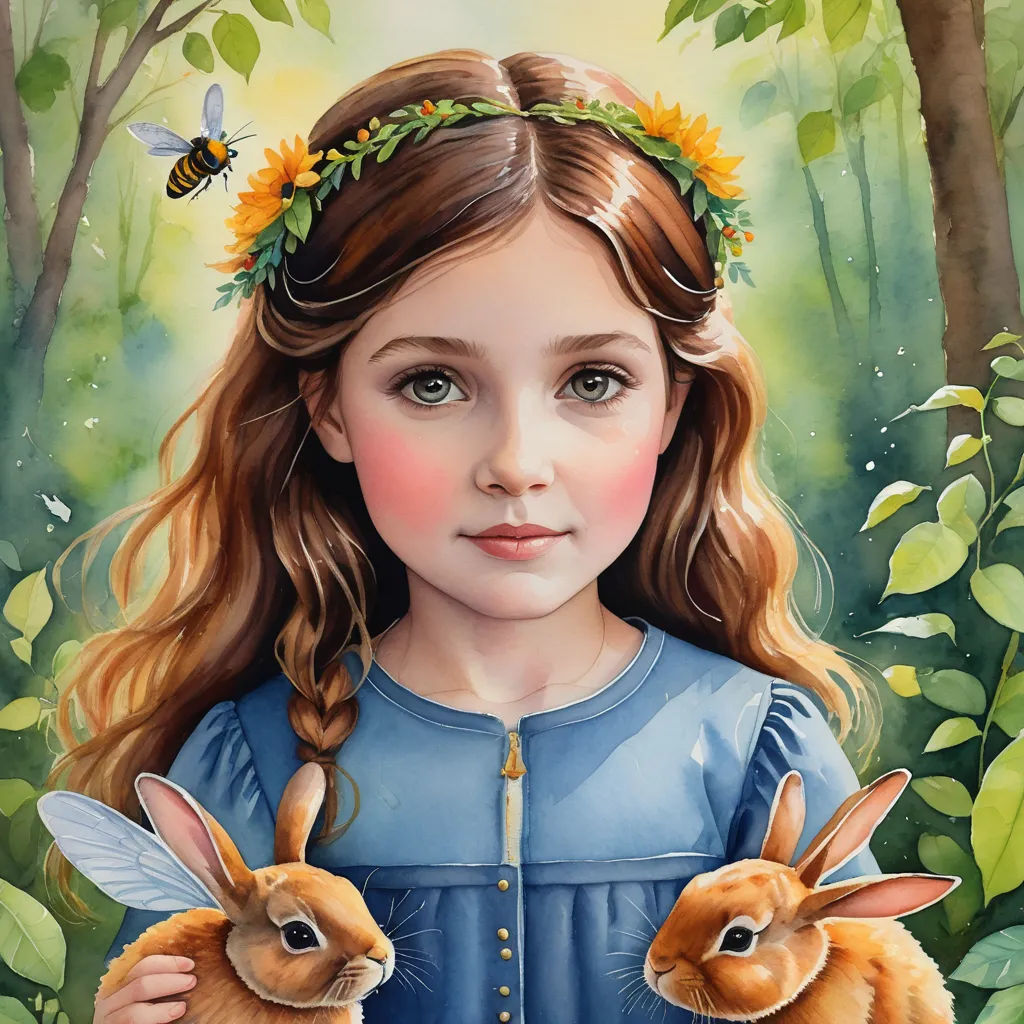 a painting of a girl holding two rabbits in a forest with sunflowers on her head and a bee on her shoulder, magic realism, a detailed painting, Elinor Proby Adams, detailed painting