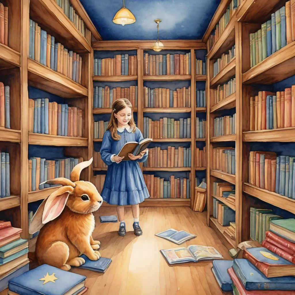 a painting of a girl reading a book with a rabbit sitting in front of her in a library full of books, fantasy art, a storybook illustration, Beatrix Potter, storybook illustration