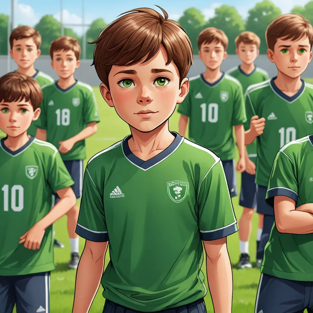 a group of young boys in green soccer uniforms standing in a field with their arms crossed and looking at the camera, realism, a storybook illustration, Aloysius O'Kelly, official art