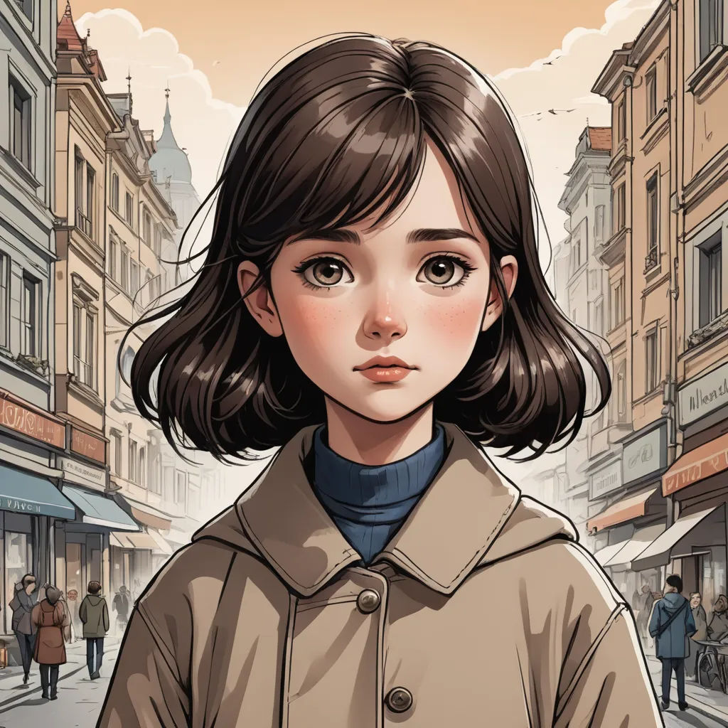 a girl in a coat is standing in the street with a city in the background and a sky in the background, art & language, a comic book panel, Artgerm, stanley artgerm lau