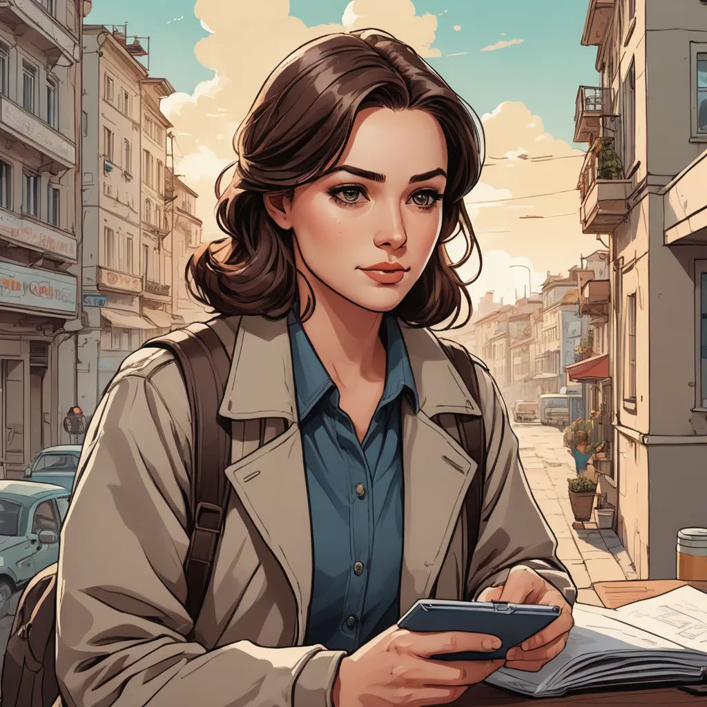 a woman sitting at a table with a book and a cell phone in her hand and a city street in the background, serial art, a comic book panel, Atey Ghailan, trending on art station
