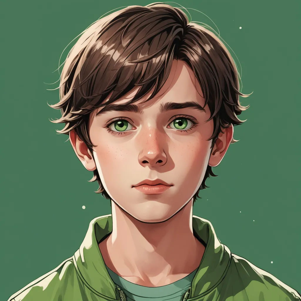 a boy with green eyes and a green shirt on, looking at the camera with a serious look on his face, photorealism, a character portrait, Aaron Jasinski, kai carpenter
