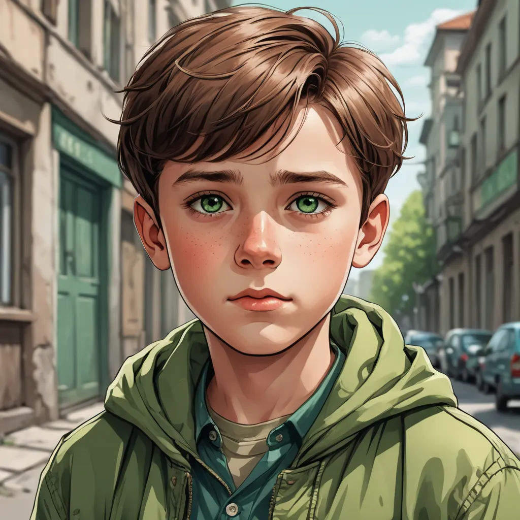 a boy in a green jacket is standing in front of a street with cars and buildings on the side, photorealism, a character portrait, Aaron Jasinski, stanley artgerm lau