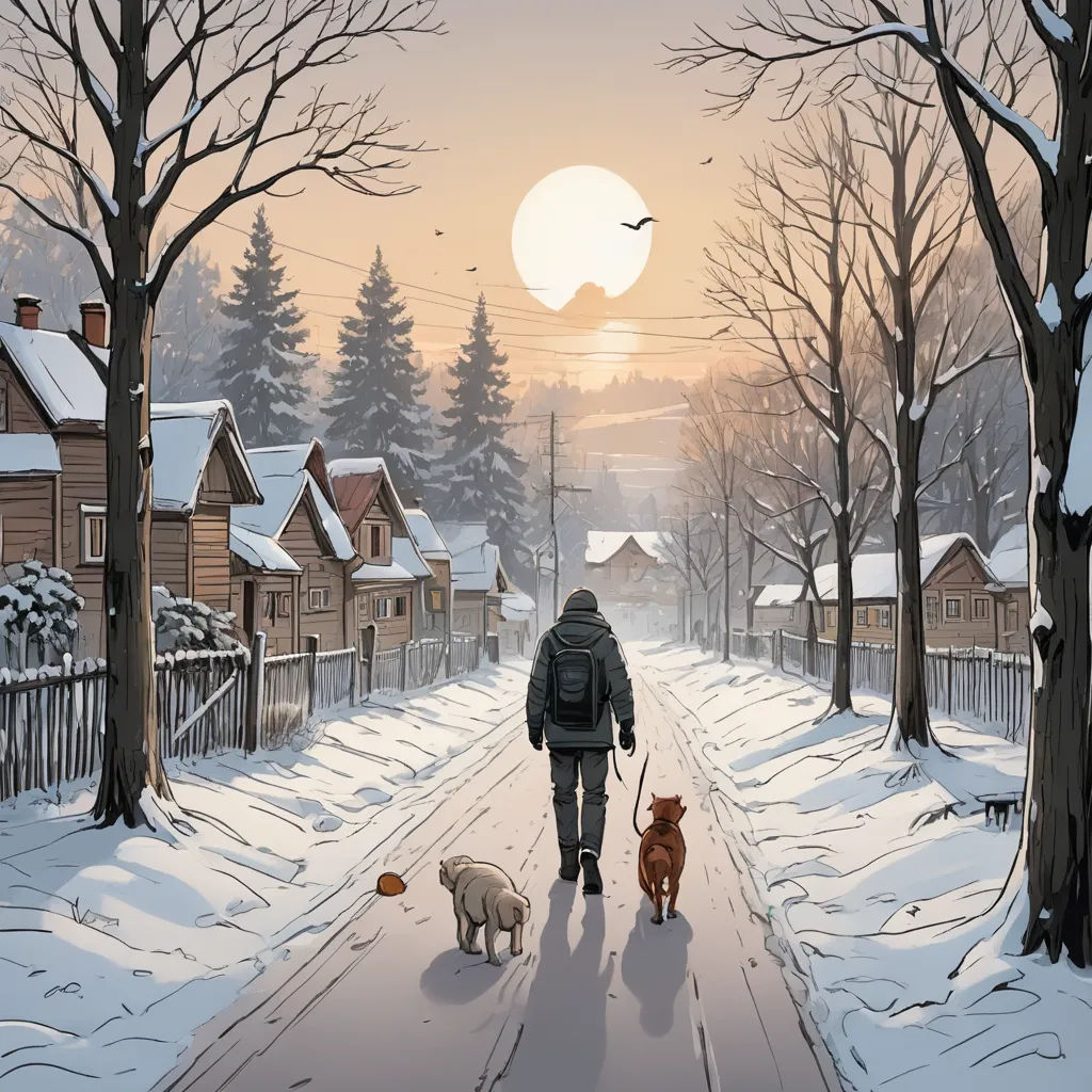 a man walking two dogs down a snowy street in the wintertime with a bird flying overhead and a bird flying overhead, furry art, a comic book panel, Dan Mumford, comic cover art