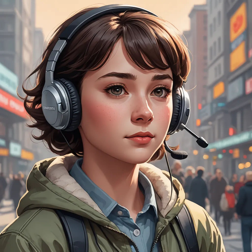 a woman with headphones on walking down a street in a city with people walking by and a man in a green jacket, fantasy art, a detailed painting, Artgerm, stanley artgerm lau