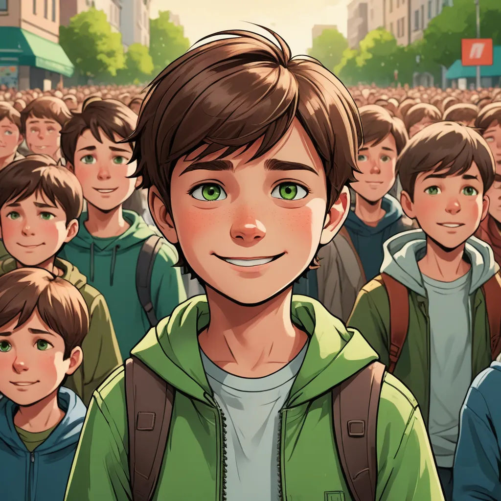 a cartoon of a boy standing in front of a crowd of people with green eyes and a green hoodie, les automatistes, a comic book panel, Adam Manyoki, graphic novel