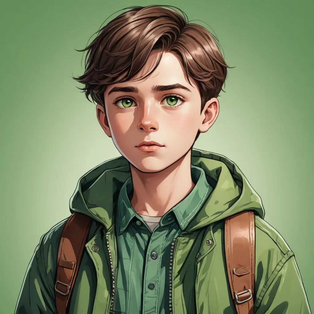 a boy with a backpack on his shoulder and green eyes, looking at the camera with a serious look on his face, sots art, a character portrait, David Park, character portrait