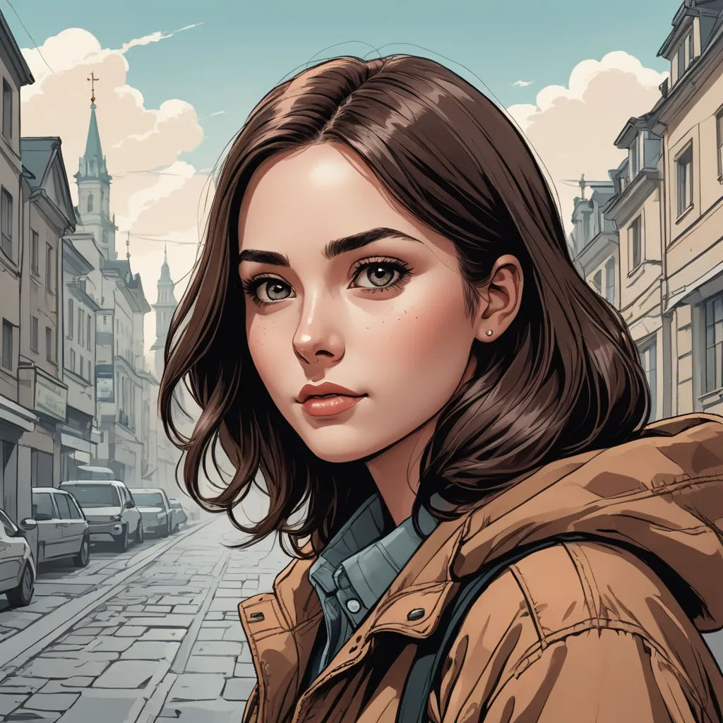 a woman in a brown jacket is standing on a street corner with a city in the background and a blue sky, fantasy art, a detailed painting, Artgerm, stanley artgerm lau
